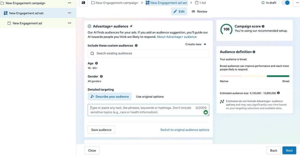 Meta Ads Manager showing the new Describe Your Audience text box inside Advantage+ Targeting, 2026